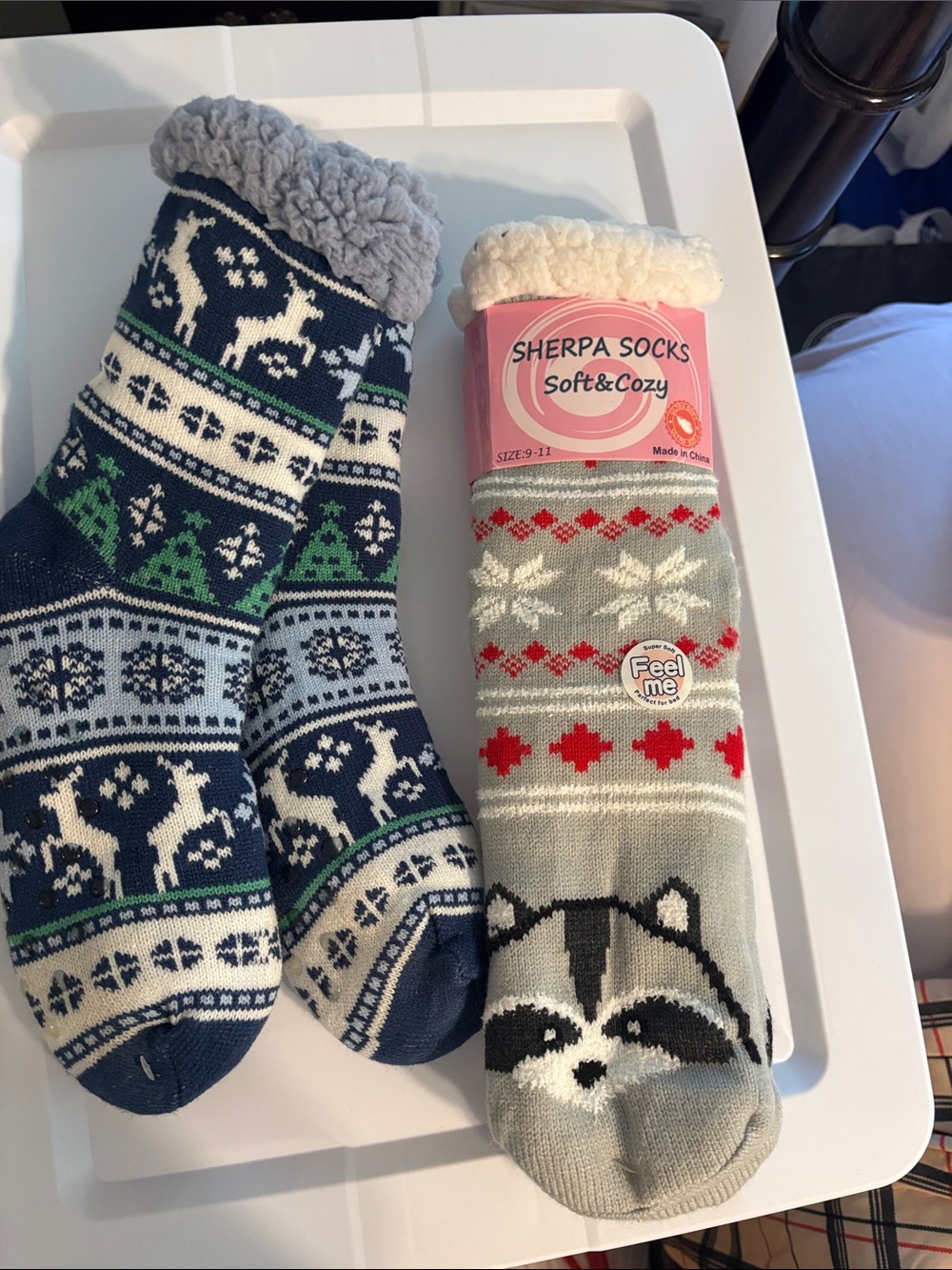 Sherpa Socks Soft & Cozy Grey Raccoon & Navy Reindeer Fleece-Lined Socks